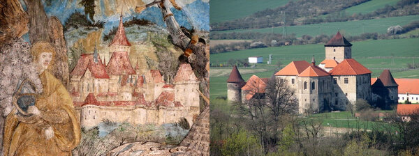 Hrad Švihov podle malby v&nbsp;kapli z&nbsp;roku 1520&nbsp;a&nbsp;pohled v&nbsp;současnosti